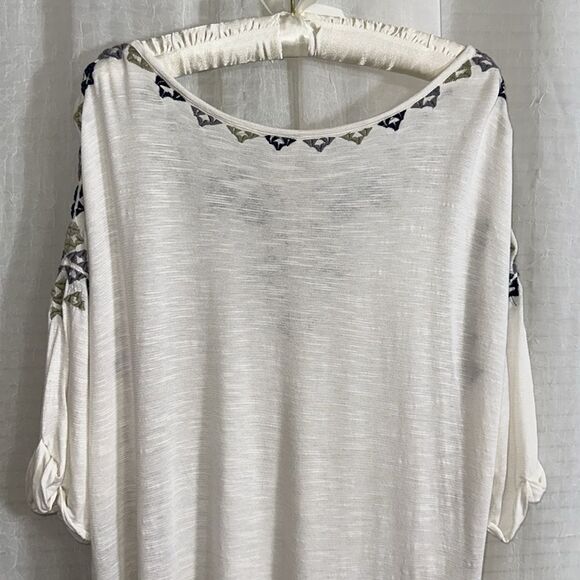 free people L Ivory Navy Peach Green Lace up Oversized Embroidered Peasant Top - Picture 6 of 14